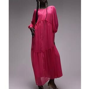 Topshop Premium Tiered Bright Pink Throw-On Maxi Dress Open Back Womens Sml 4-6